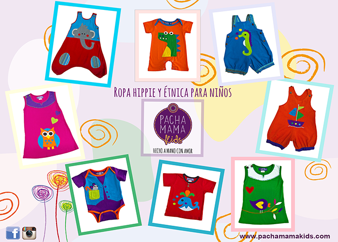 moda infantil hippie y colorida, vestidos, petos y pantalones hippies de primavera verano